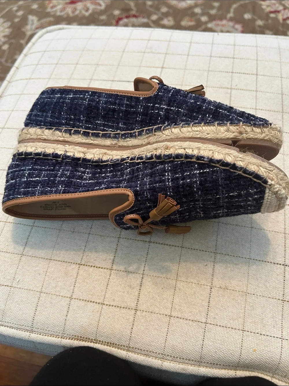 Talbots Navy Tweed Slip-On Espadrille Loafers with Tan Trim and Tassels - Picture 4 of 6